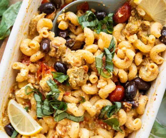 Mediterranean Chicken Feta Pasta in a baking dish.