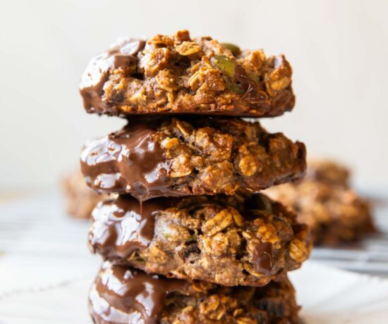 Oatmeal breakfast cookies stacked on top of each other.