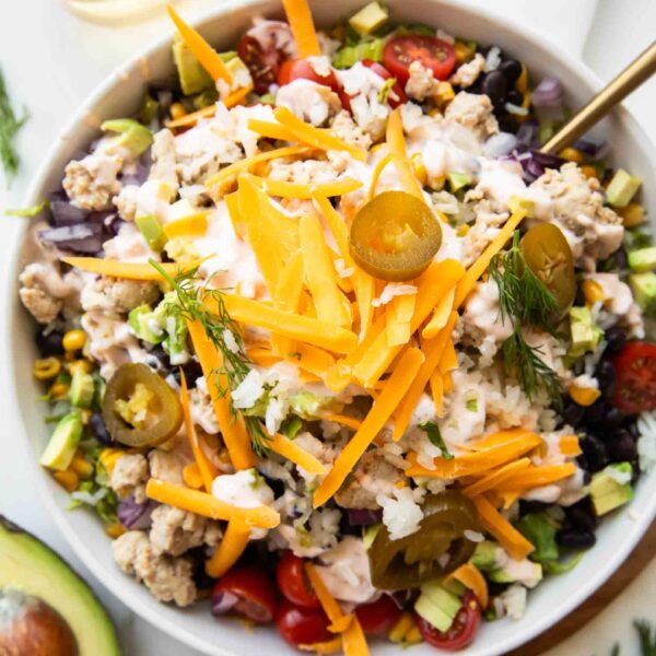 Ranch turkey salad in a bowl.