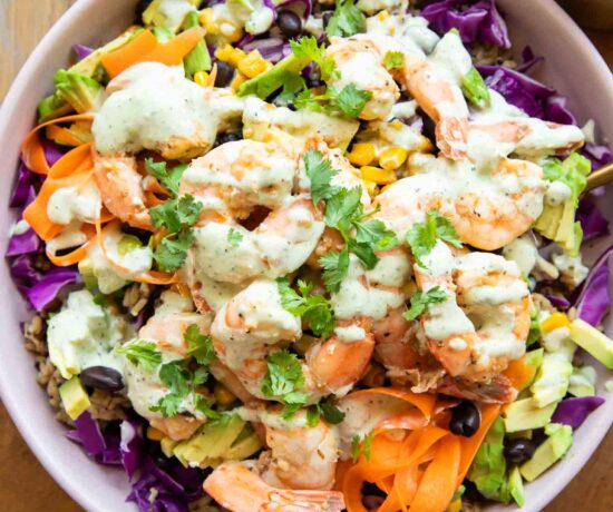 Chili lime shrimp salad in a bowl.