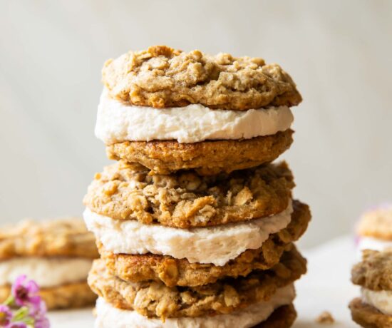 Oatmeal Cream Pies stacked on top of each other.