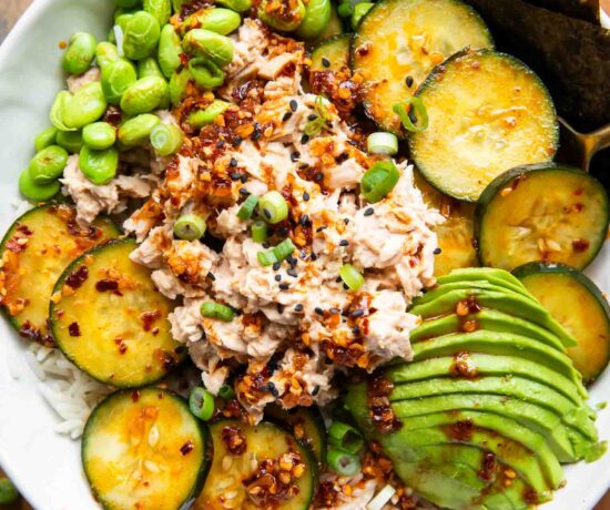 Sushi bowl on a wooden surface.