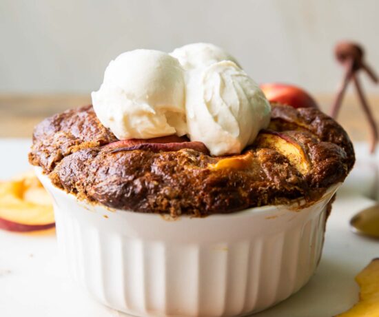 Baked Peach oats in a dish.