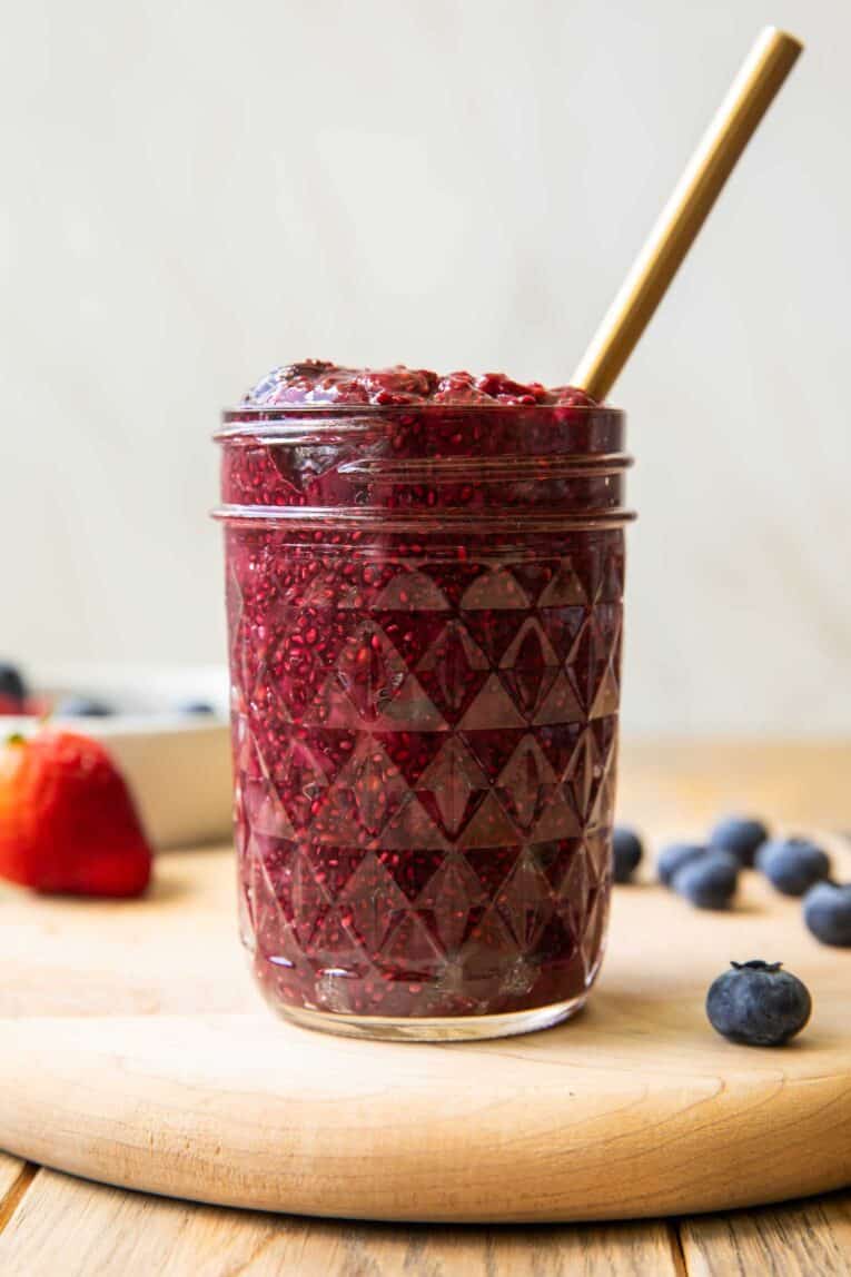 Chia Seed Jam in a mason jar.