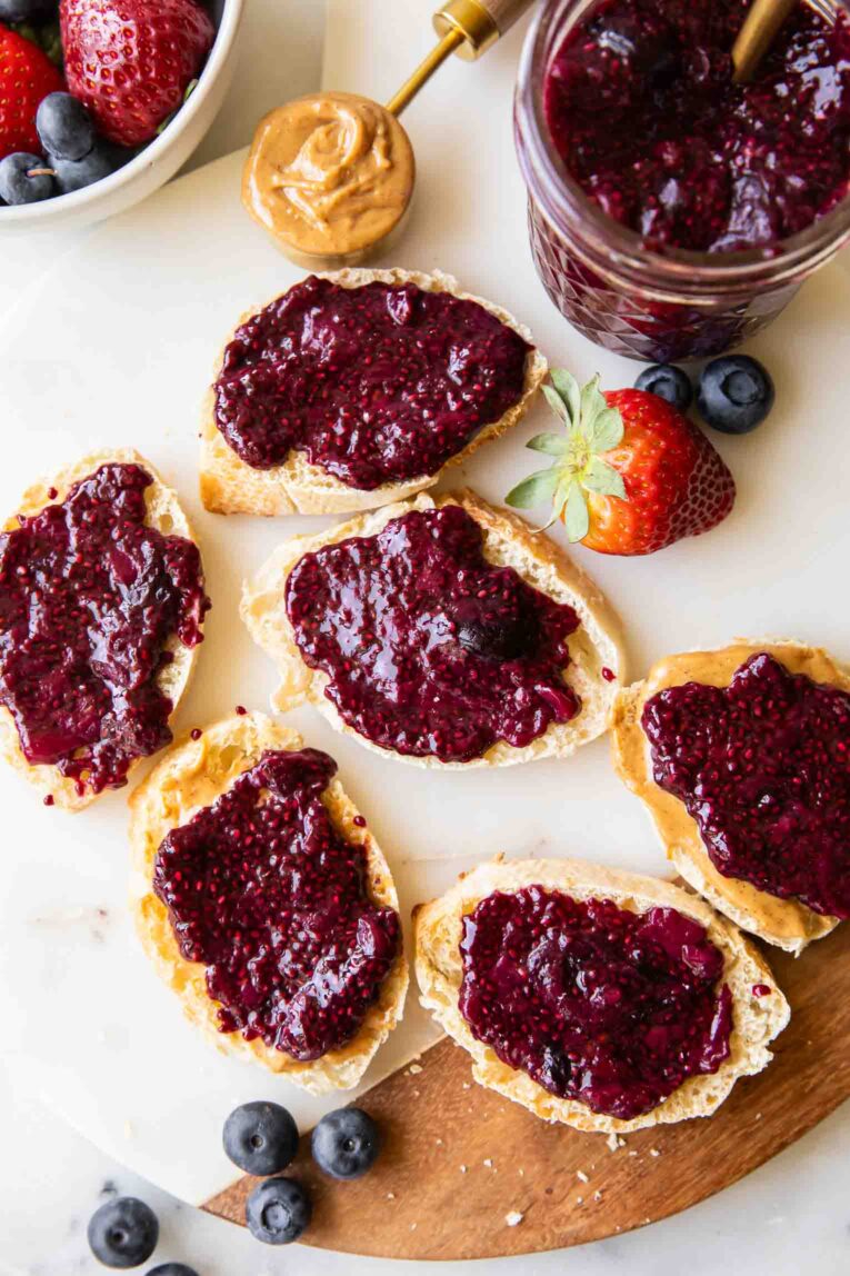 Chia seed jam on several pieces of bread.