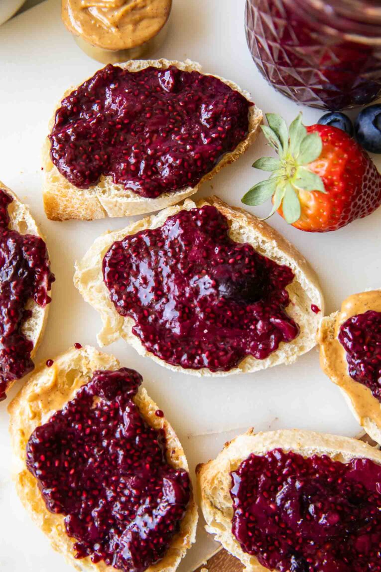 Chia seed jam on several pieces of bread.