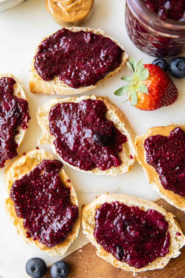Chia seed jam on several pieces of bread.
