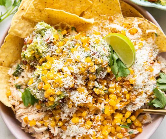Guacamole crispy sweetcorn chicken salad in a bowl.