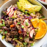 Orange Sesame Ground Turkey in a bowl.