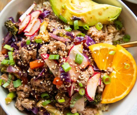 Orange Sesame Ground Turkey in a bowl.