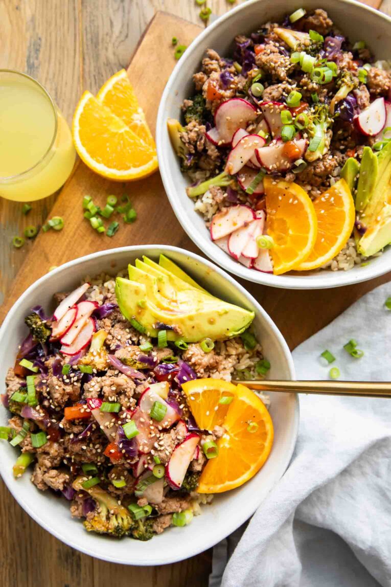 Orange Sesame Ground Turkey in two bowls.