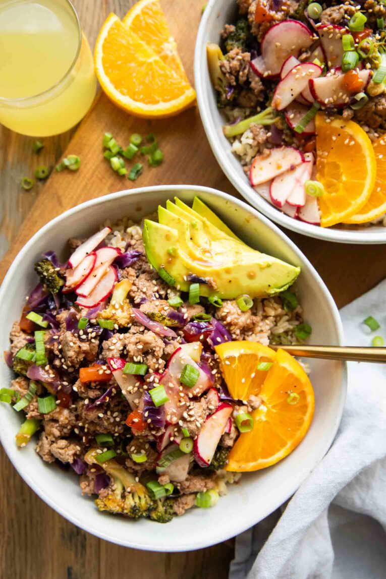 Orange Sesame Ground Turkey in a bowl.