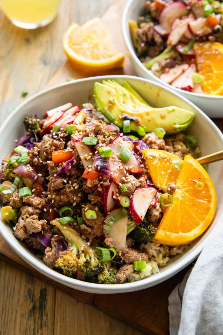 Orange Sesame Ground Turkey in a bowl.