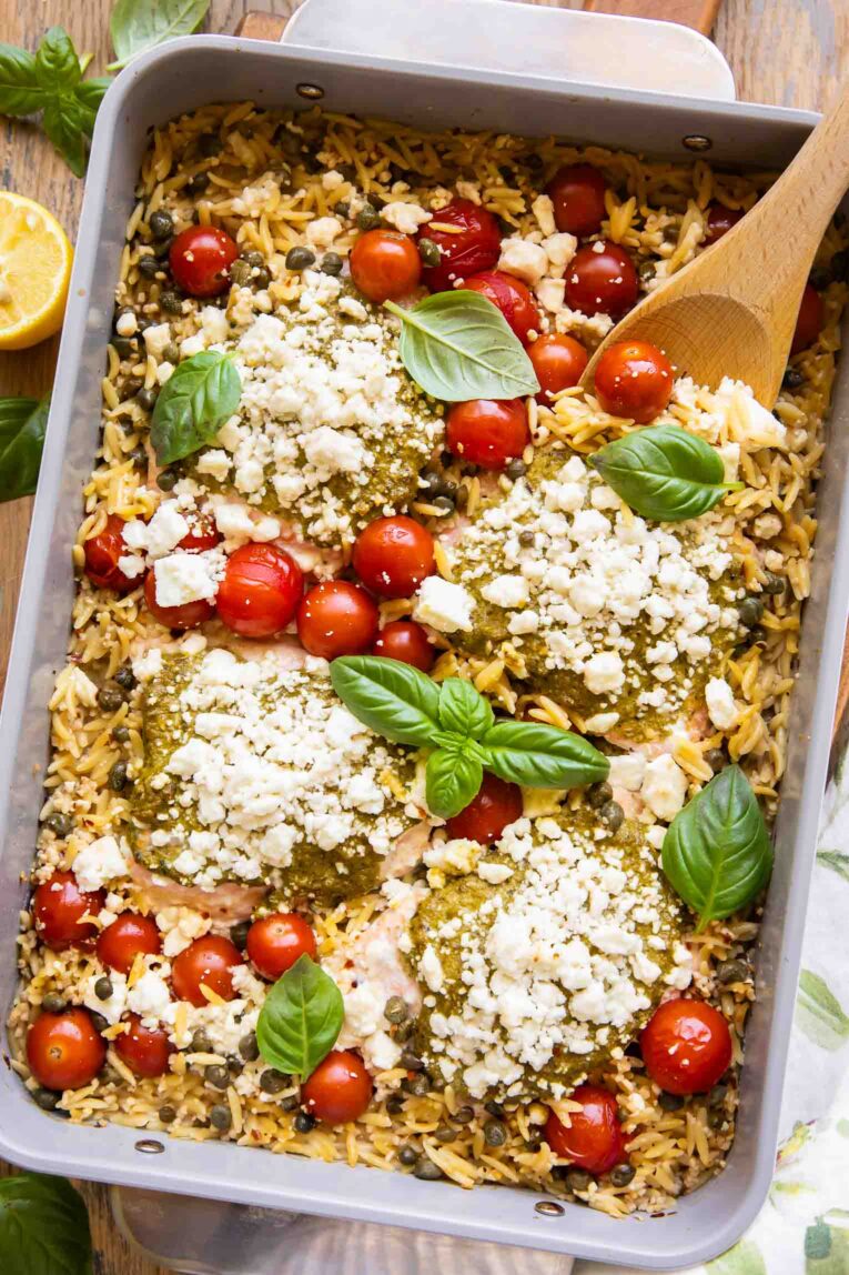 Orzo Pesto Salmon in a baking dish.