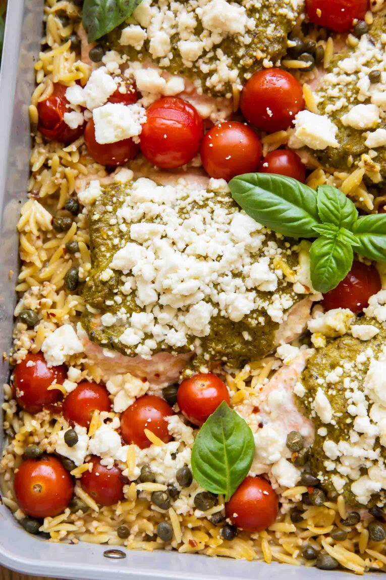 Orzo Pesto Salmon in a baking dish.