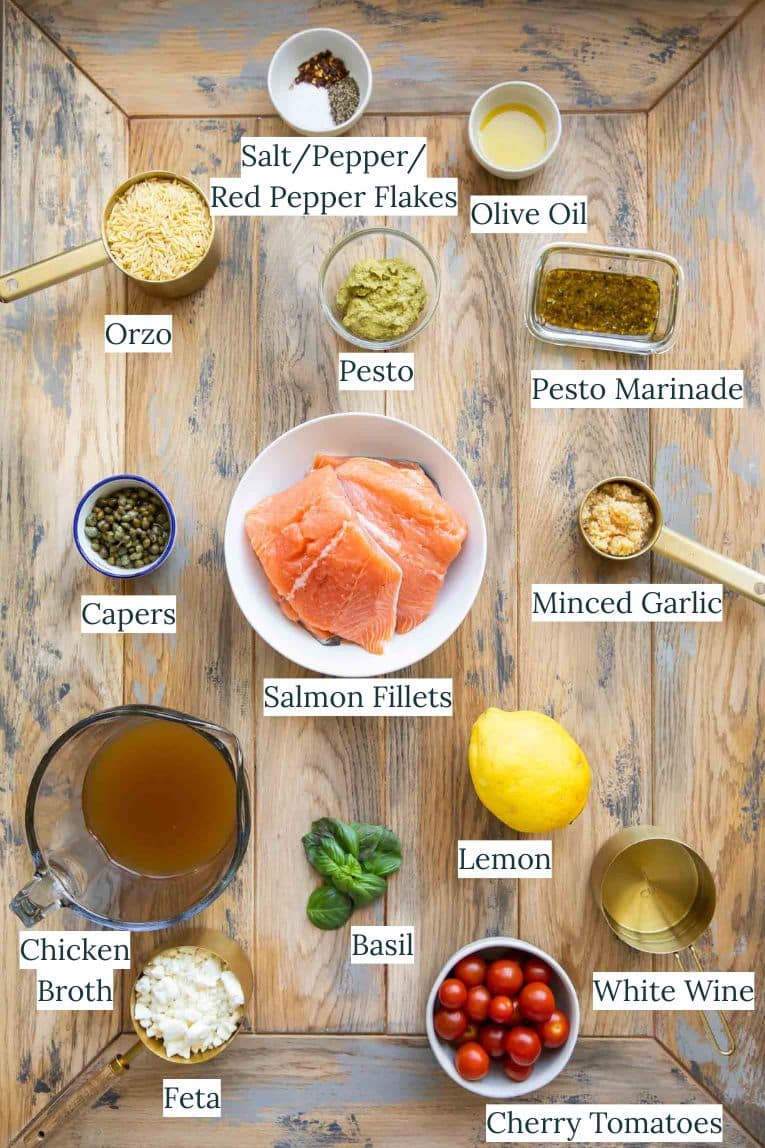 Orzo Pesto Salmon Bake Ingredients.