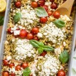 Orzo Pesto Salmon in a baking dish.