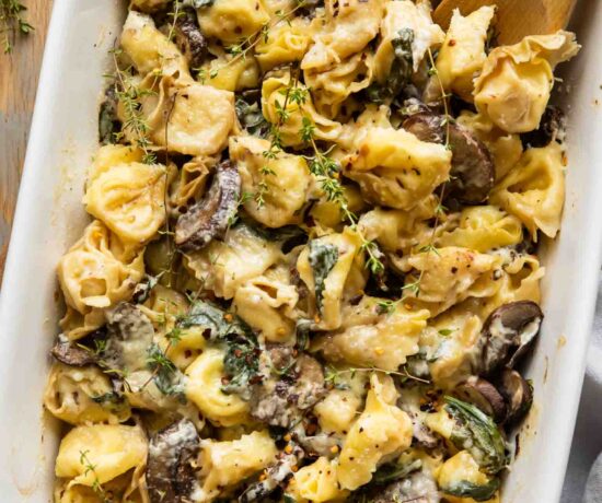 Spinach & Mushroom Tortellini Bake in a baking dish.