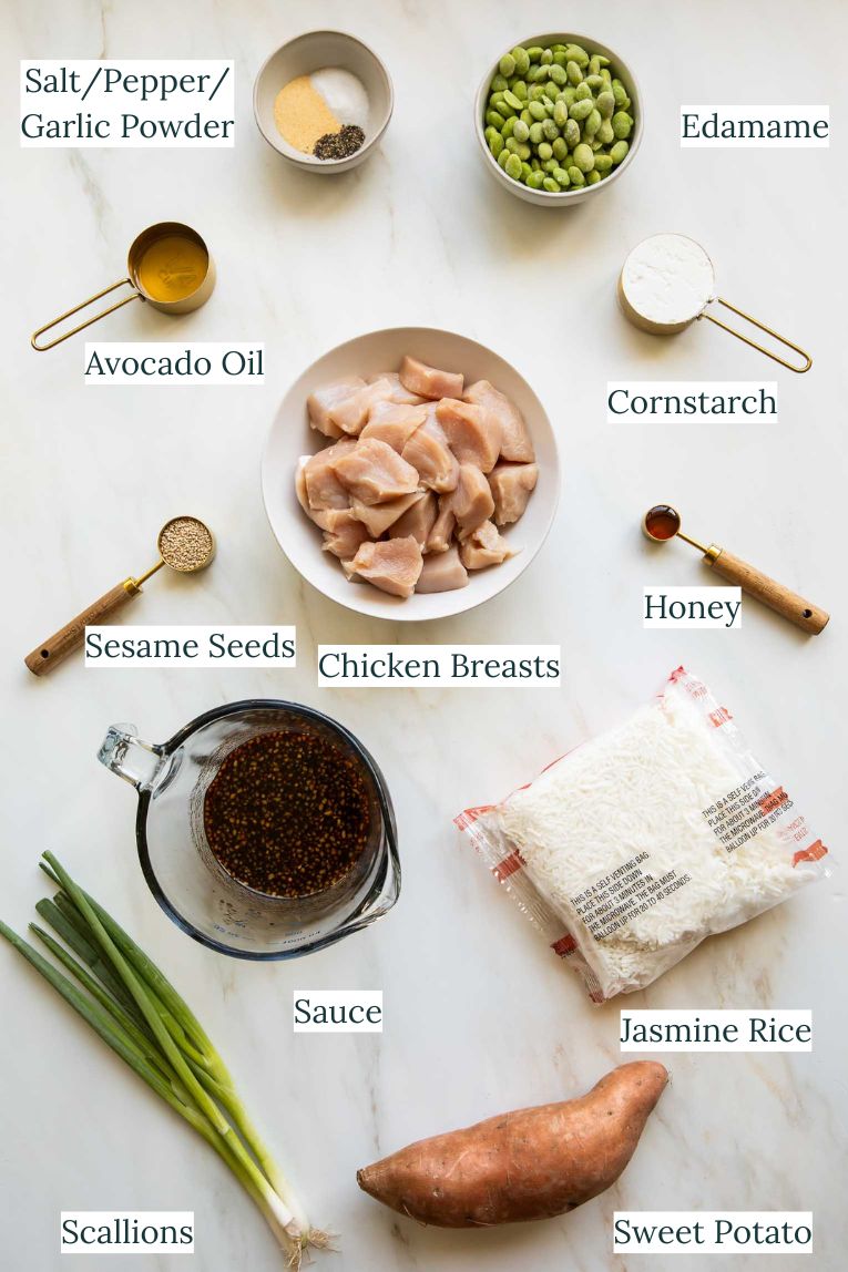 Sticky Sriracha Honey Chicken Bowl ingredients.