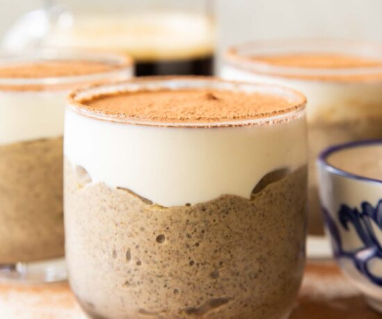 Tiramisu Chia Seed Pudding in a glass.