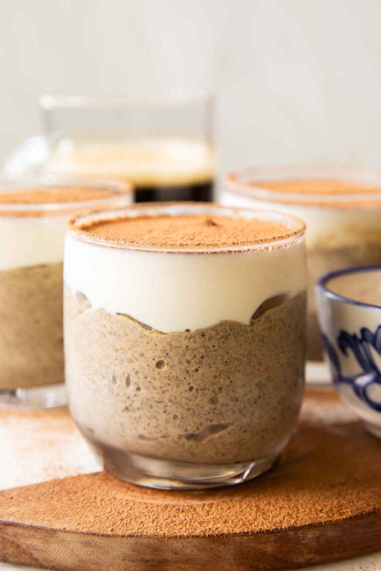 Tiramisu Chia Seed Pudding in a glass.