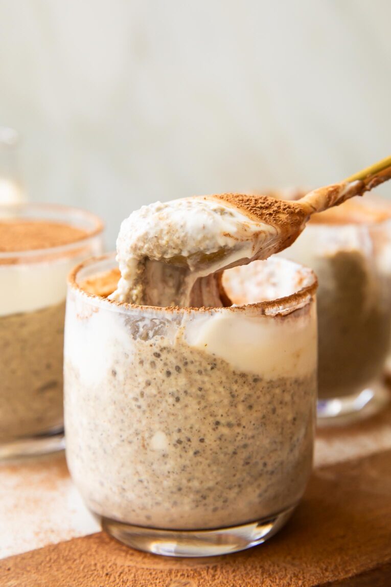 Tiramisu Chia Seed Pudding in a glass.