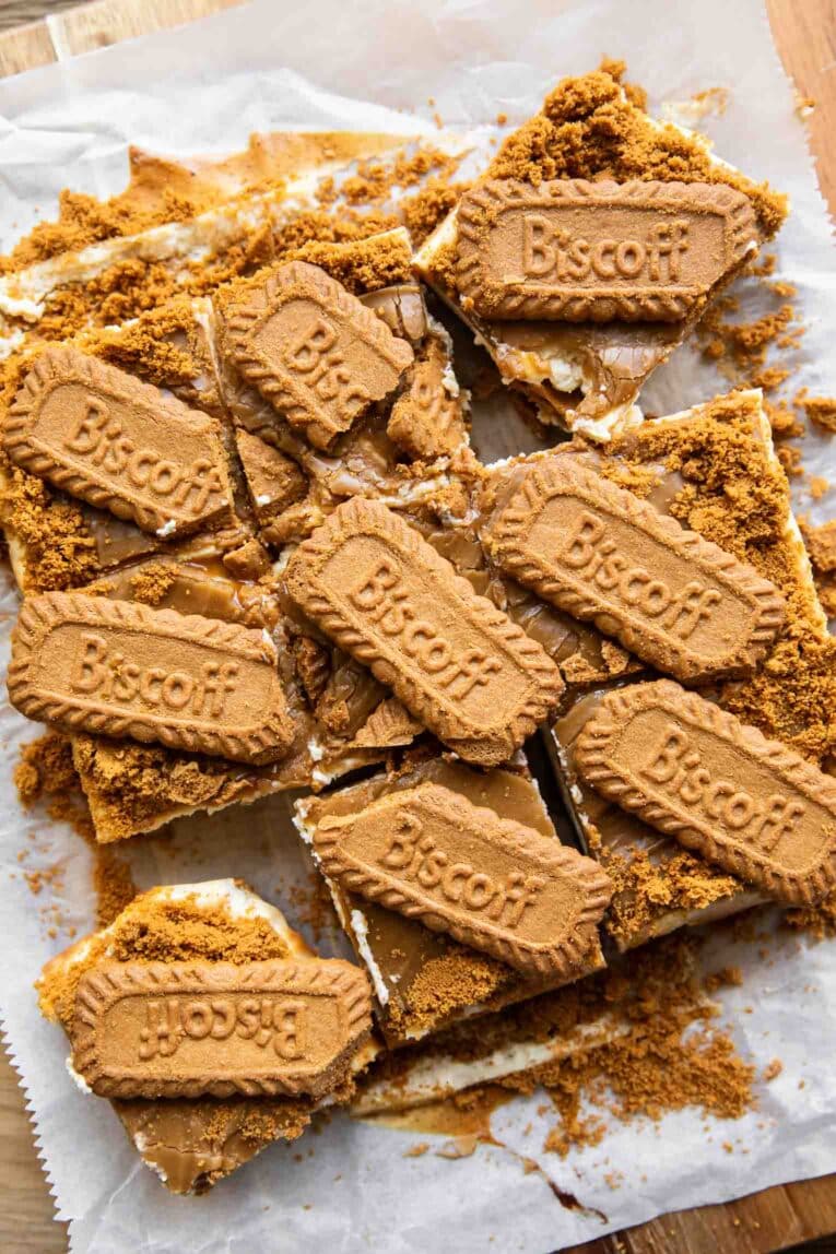 Top view of biscoff cottage cheese cheesecake.