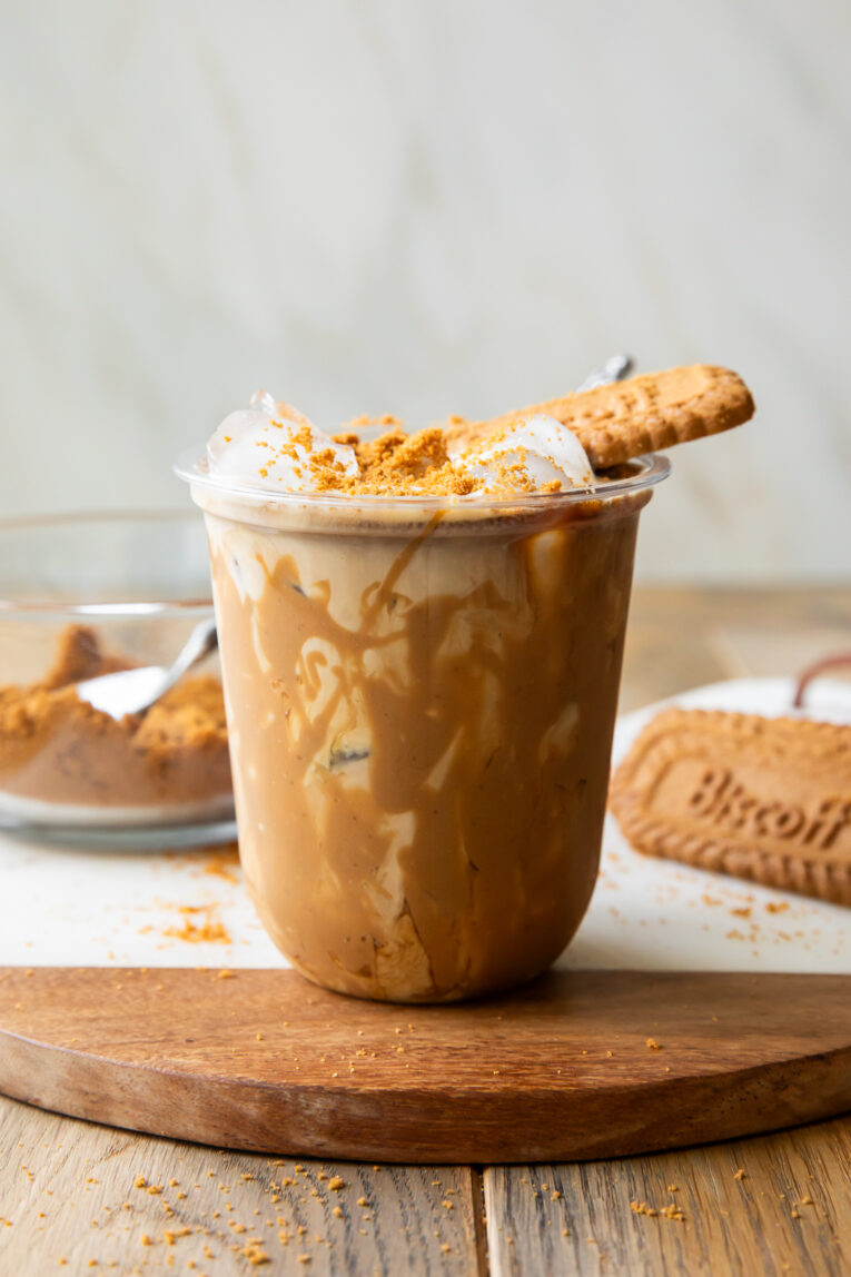 Iced Biscoff Latte in a clear cup.