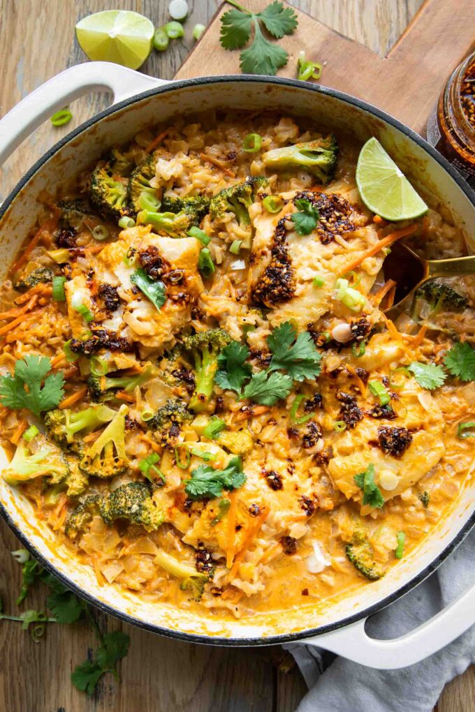 Creamy Coconut Cod Curry in a pot.