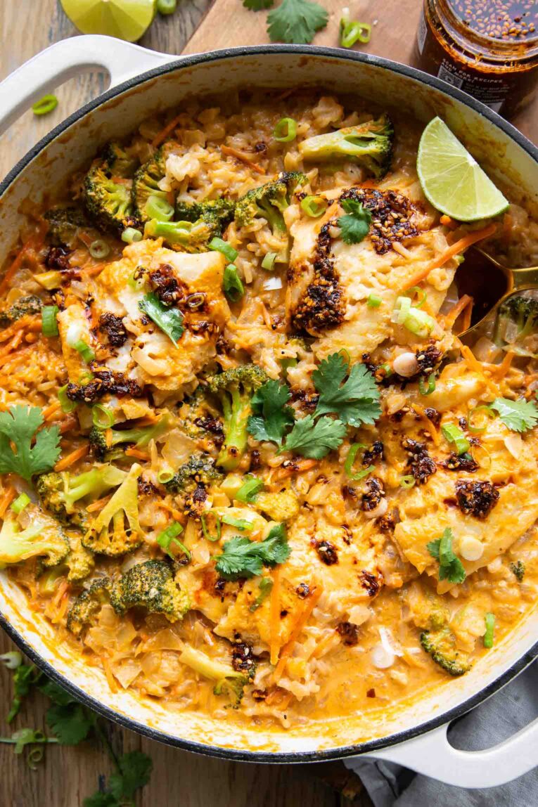 Creamy Coconut Cod Curry in a pot.