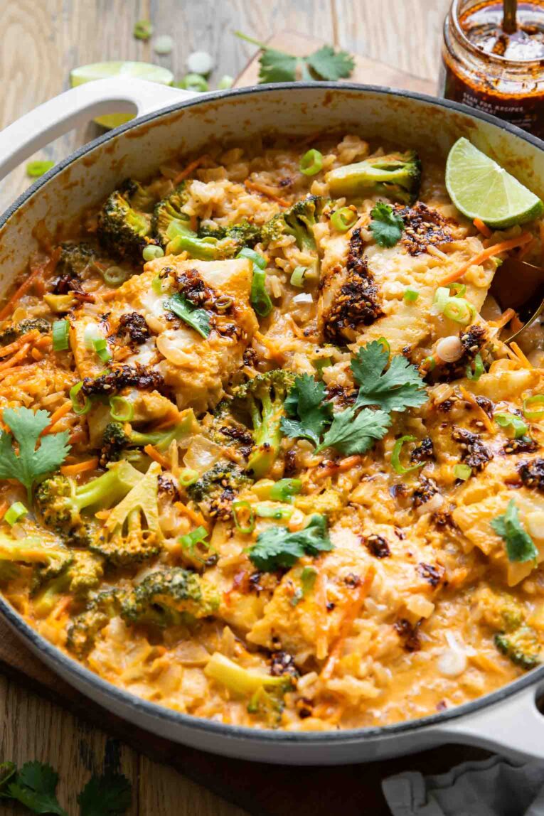 Creamy Coconut Cod Curry in a pot.
