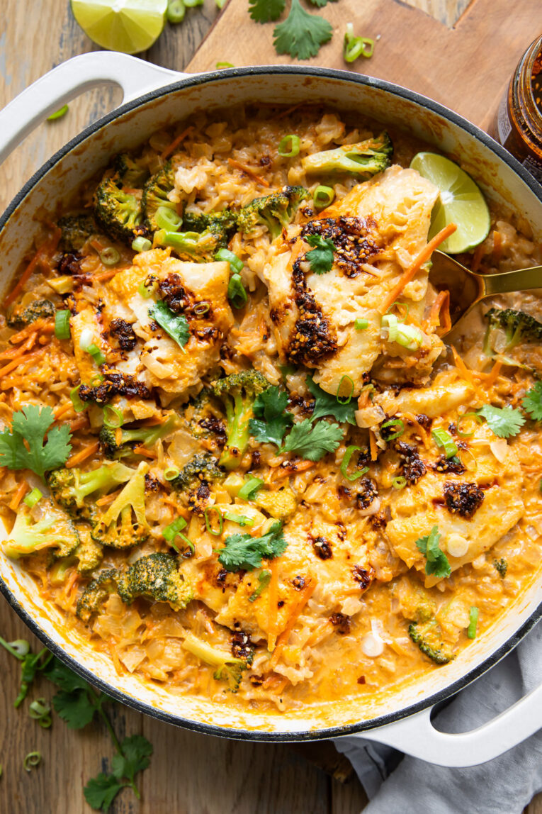 Creamy Coconut Cod Curry in a pot.