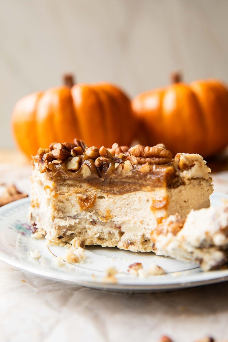 Date Caramel Cheesecake Bar on a plate.