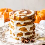A stack of Pumpkin Cinnamon Roll Pancakes.