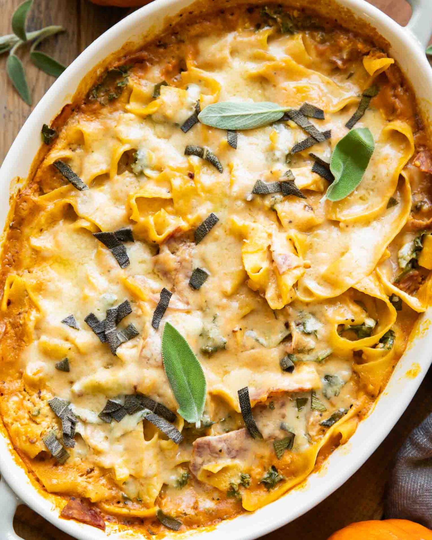 Pumpkin Pappardelle in a baking dish.