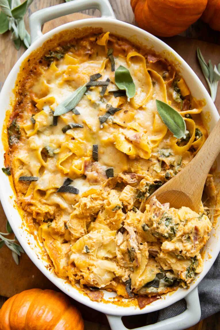 Pumpkin Pappardelle in a baking dish.