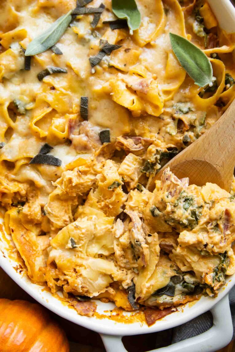 Pumpkin Pappardelle in a baking dish.