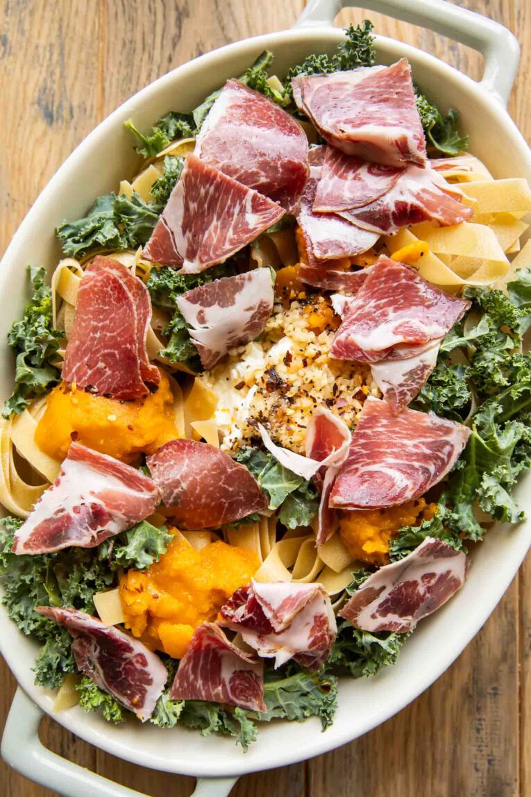 Pumpkin Pappardelle ingredients in a baking dish.