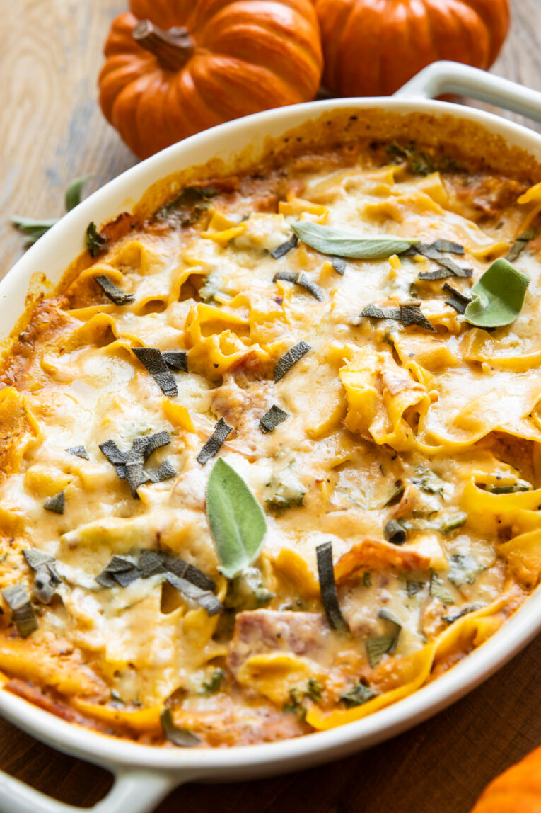 Pumpkin Pappardelle Bake in a baking dish.