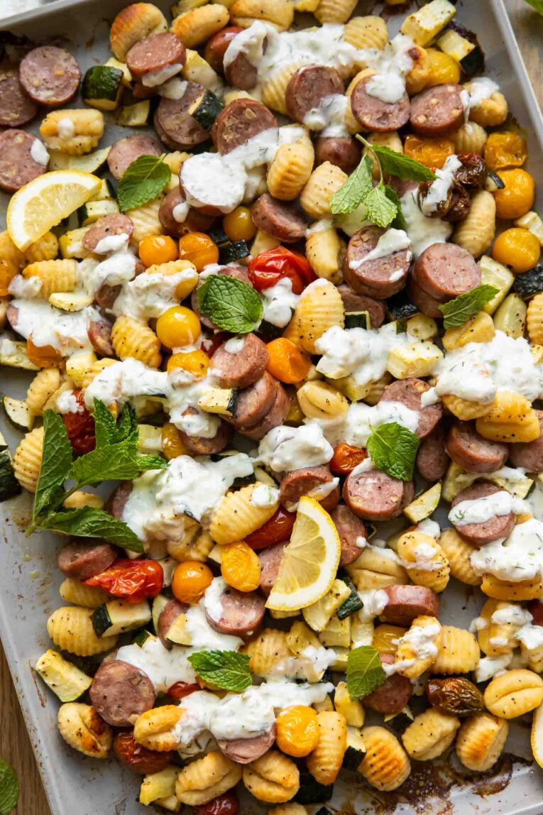 Tzatziki Sheet Pan Gnocchi on a sheet pan.