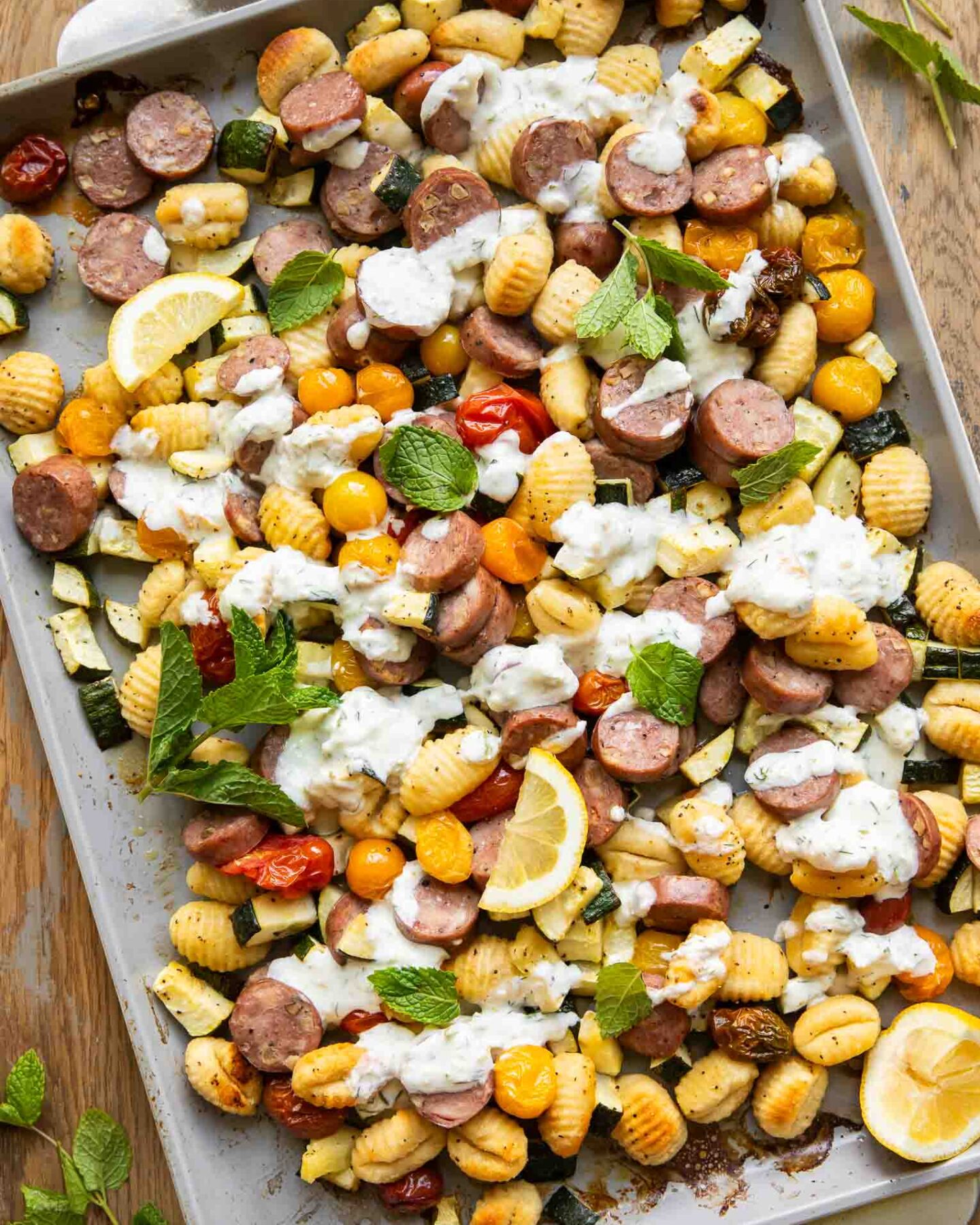 Tzatziki Sheet Pan Gnocchi on a sheet pan.