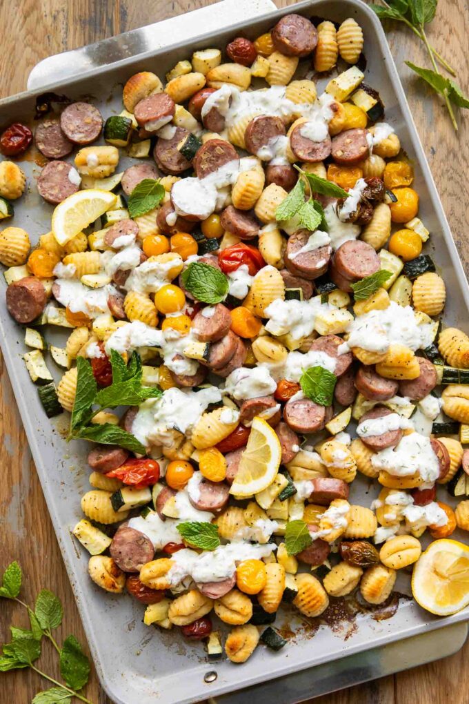 Tzatziki Sheet Pan Gnocchi on a sheet pan.