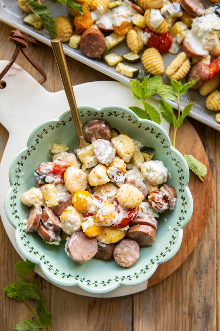 Tzatziki Sheet Pan Gnocchi in a bowl