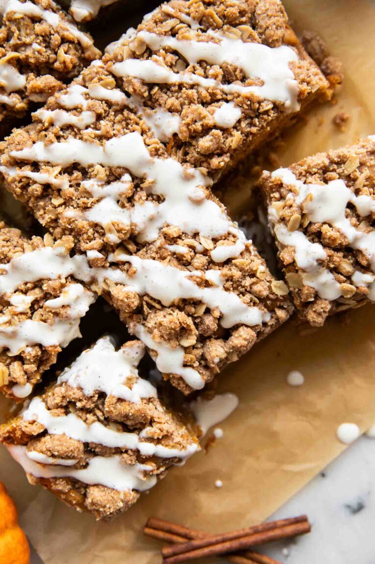 Pumpkin Cottage Cheese Coffee Cake cut into squares.