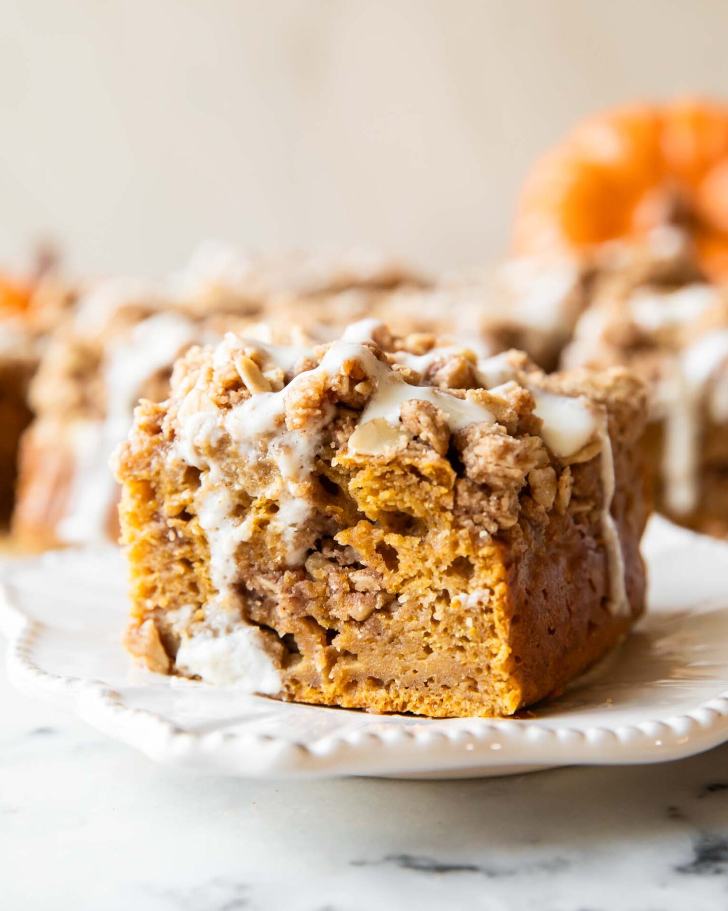 Pumpkin Cottage Cheese Coffee Cake on a plate.