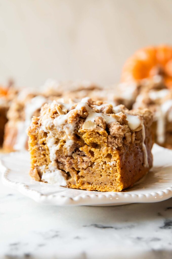 Pumpkin Cottage Cheese Coffee Cake on a plate.