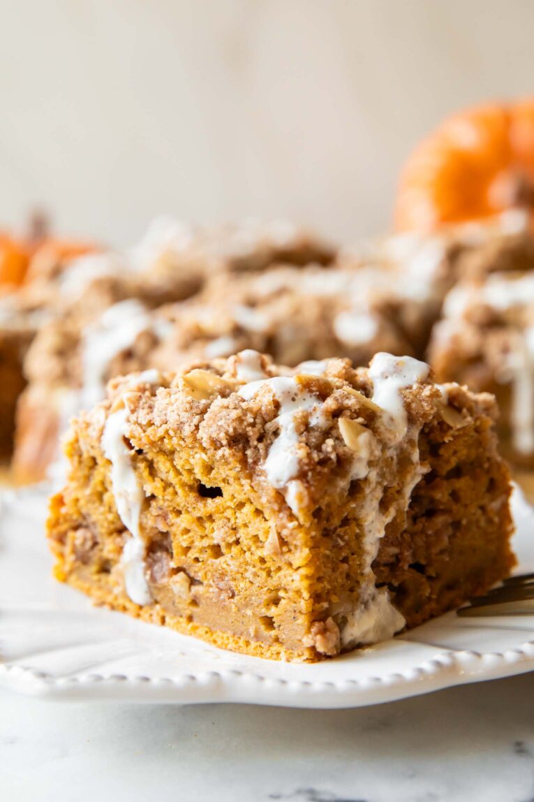 Pumpkin Cottage Cheese Coffee Cake on a plate.
