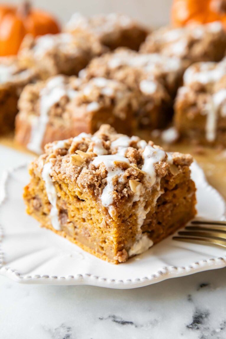 Pumpkin Cottage Cheese Coffee Cake on a plate.