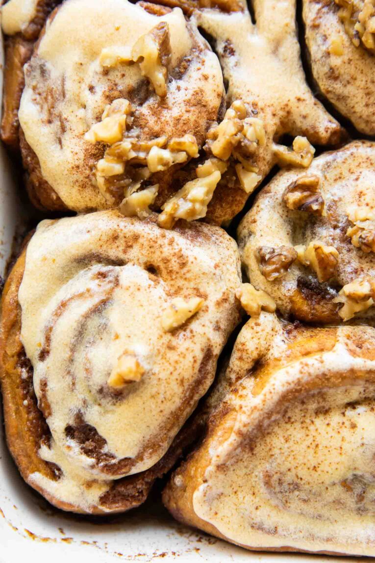 Close up of pumpkin cinnamon rolls.